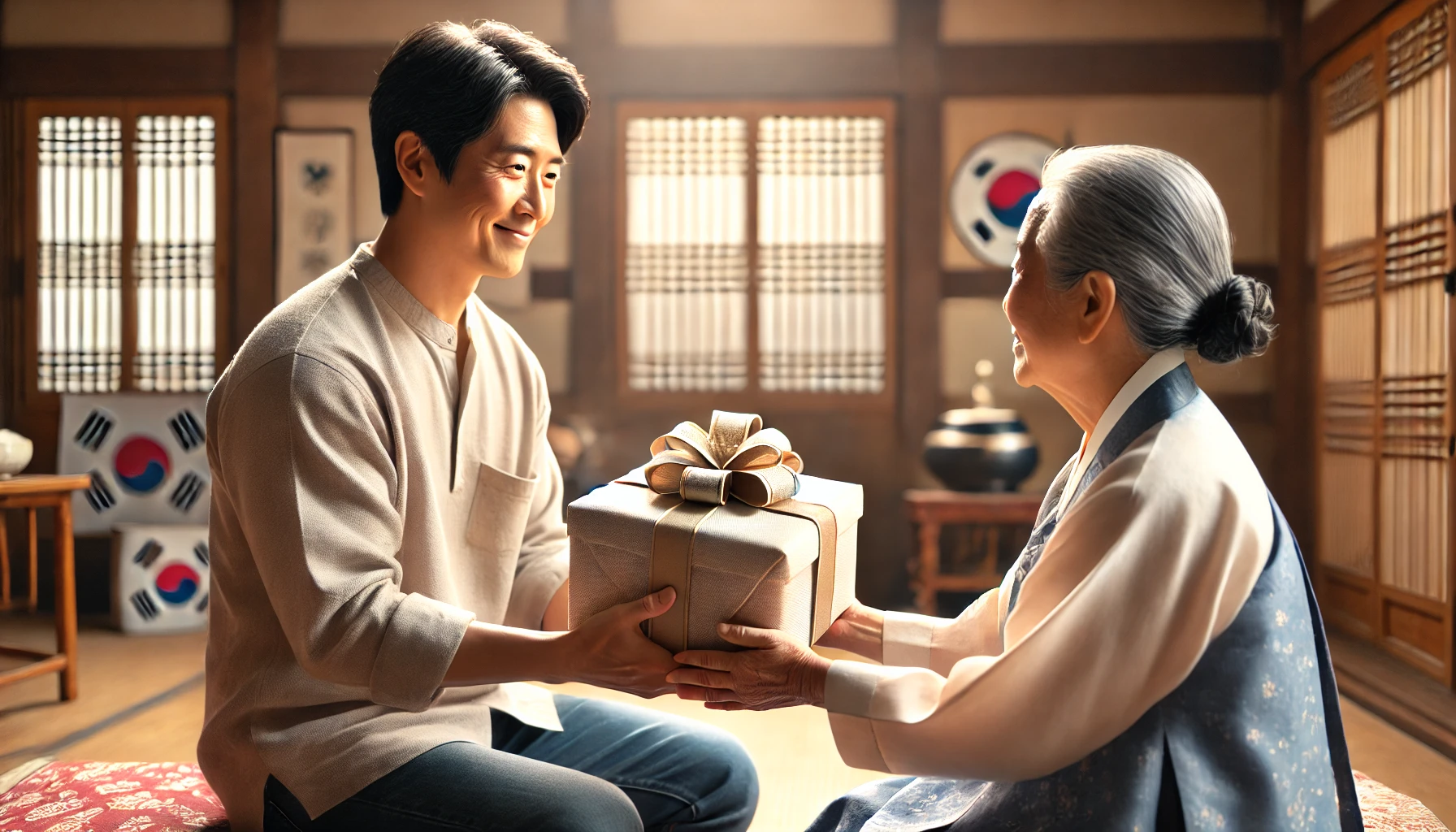 DALL·E 2025-04-09 18.43.13 - Realistic and clean design blog image for Parents' Day gift ideas in South Korea. A Korean middle-aged man handing a beautifully wrapped gift box to h.webp