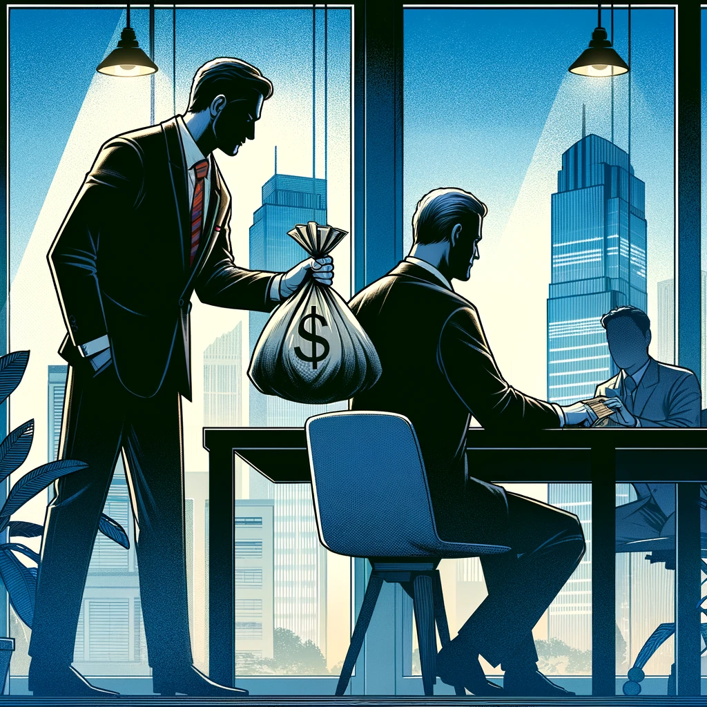 An illustration depicting insider trading activities in a company. The image shows a corporate executive in a suit&#44; discreetly passing a bag of money