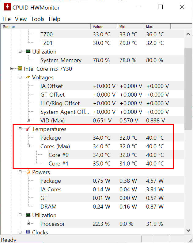 HWMonitor 에서 cpu 온도 확인하는 방법