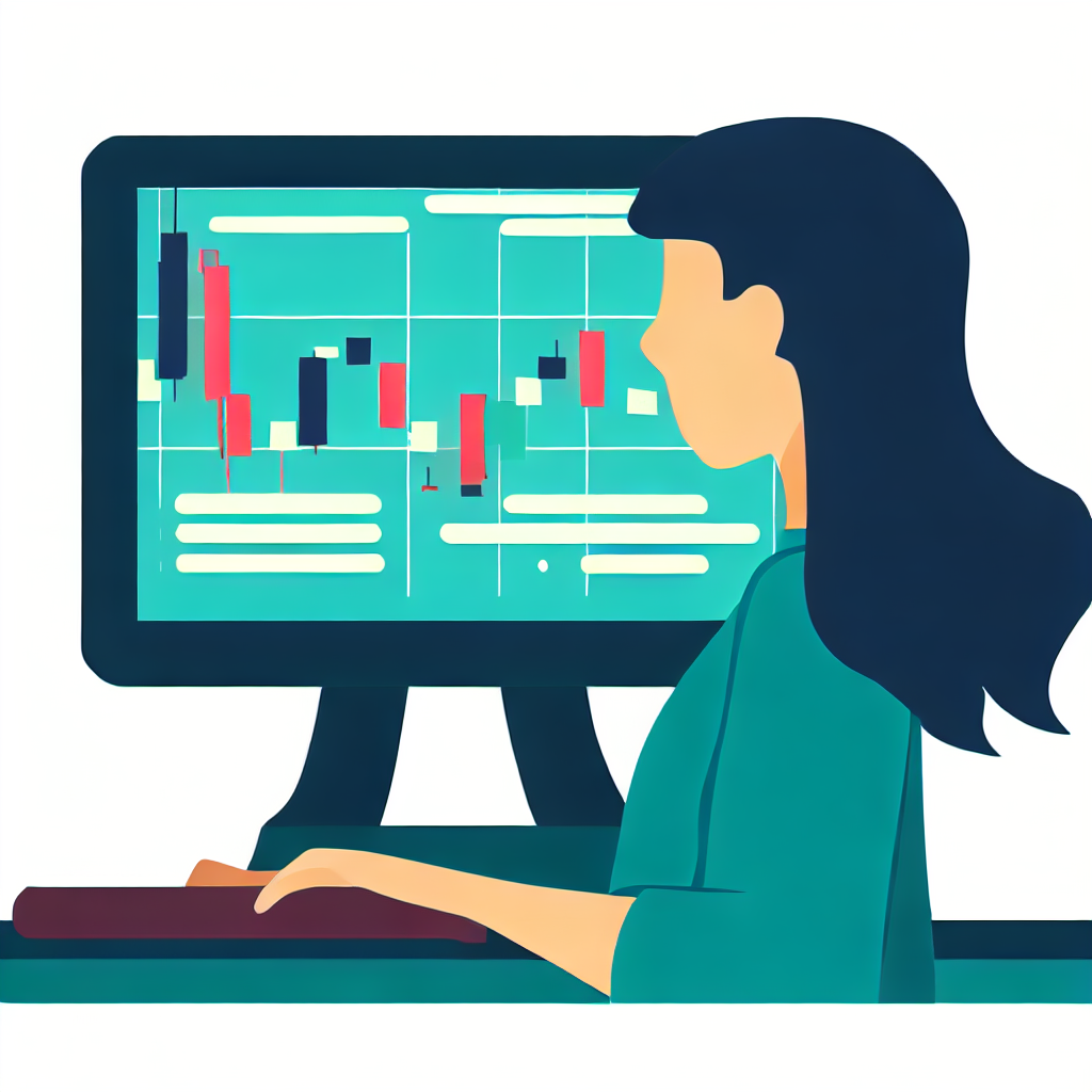 Flat vector style image of a woman in her 20s looking at a computer screen displaying stock market data.Flat vector style image of a woman in her 20s looking at a computer screen displaying stock market data.