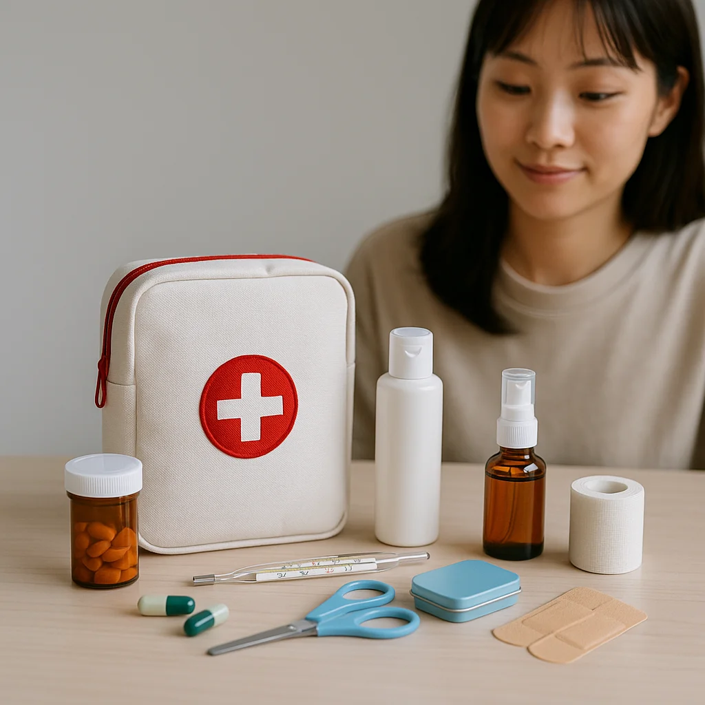 Travel first aid kit items neatly arranged on a table with a modern aesthetic