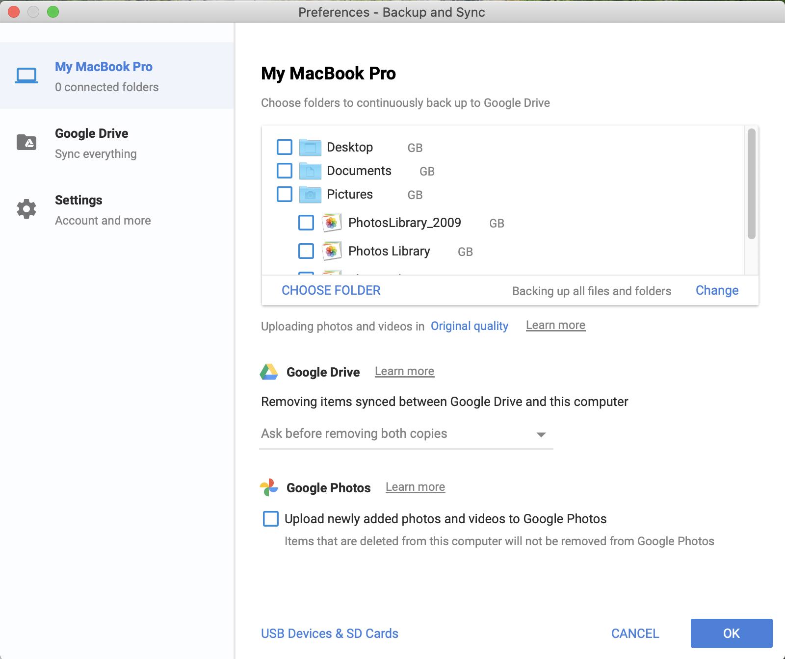 screenshot of preferences for Google drive desktop application, showing my computer tab