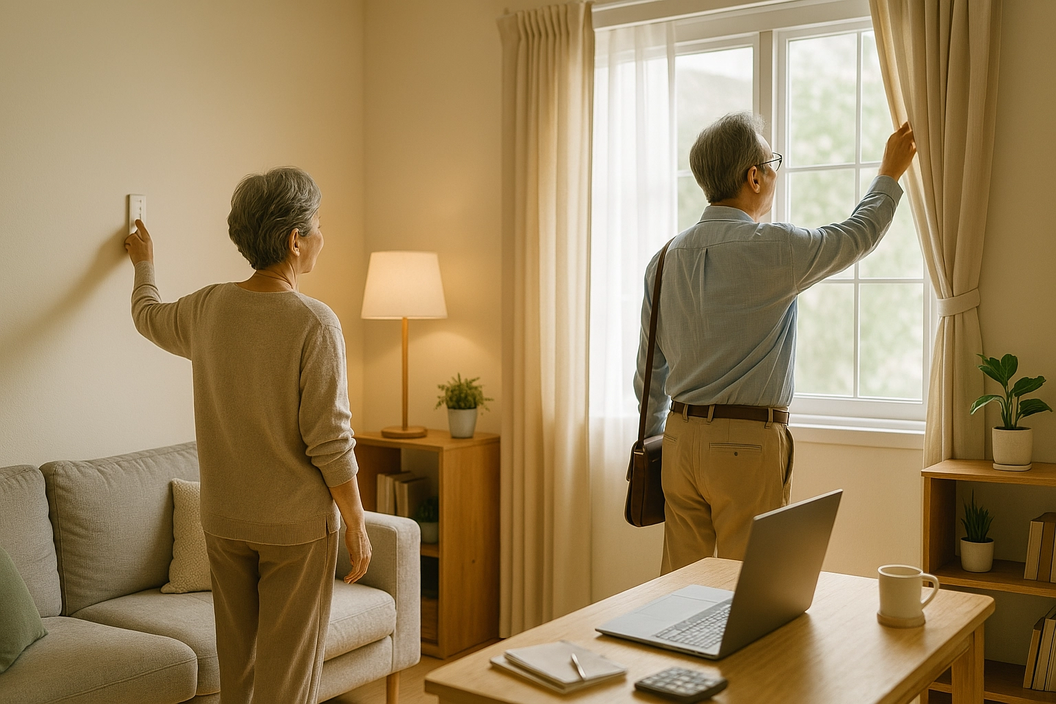A retired Korean couple turning off lights and opening the window to save energy – 전등을 끄고 환기하는 노부부
