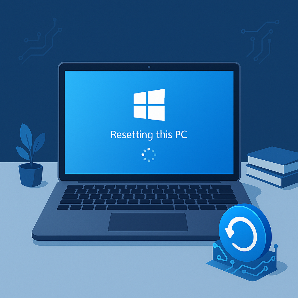 윈도우 11 초기화 화면이 표시된 노트북과 깔끔한 책상 배경 일러스트