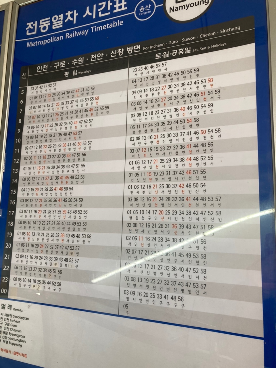 남영역-전철시간표