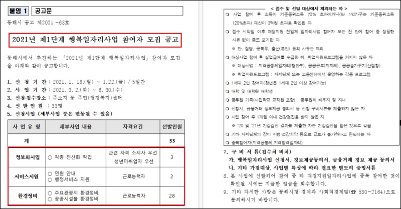 동해시청 홈페이지 공공근로 행복일자리사업