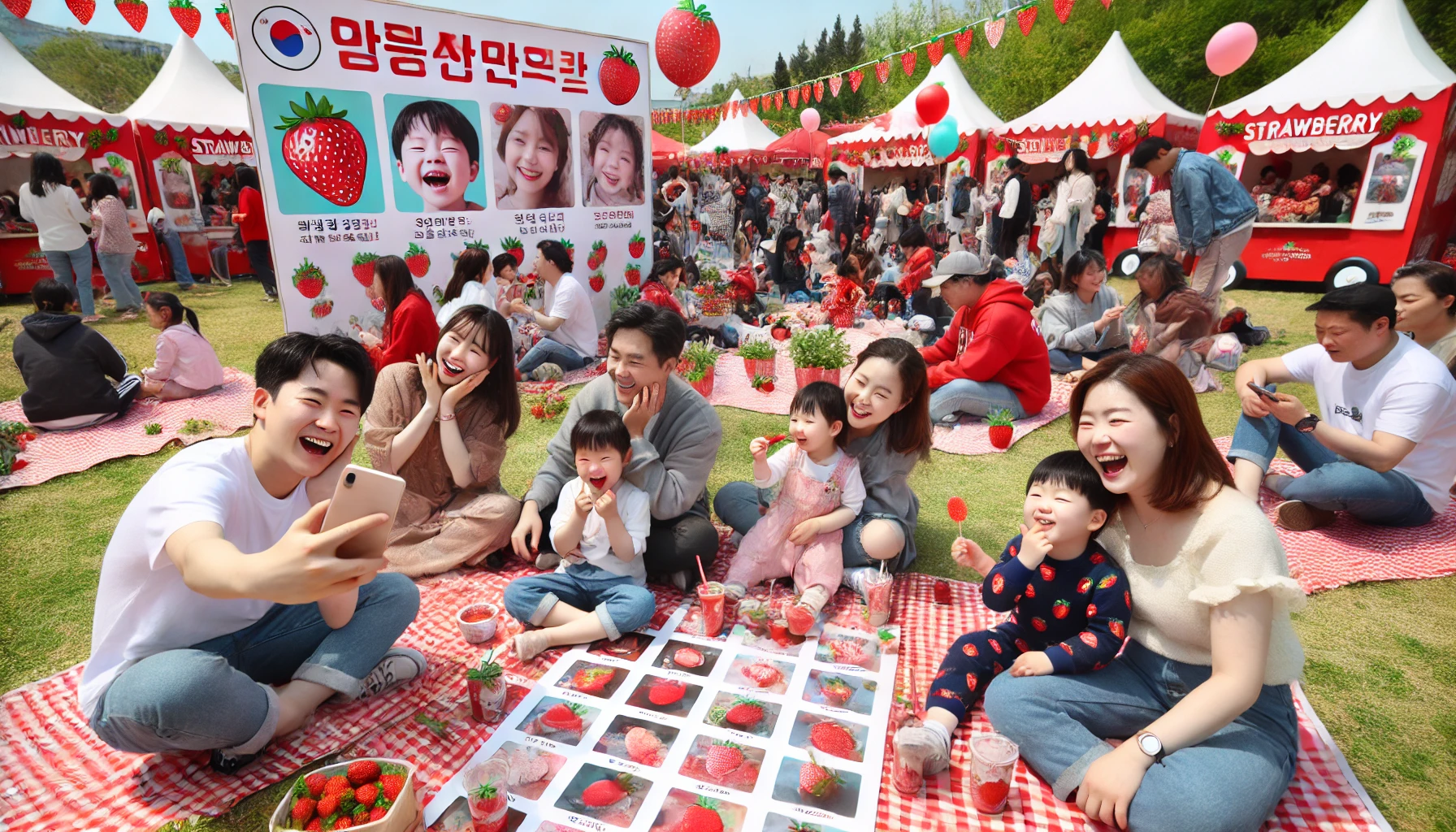 딸기축제를 온가족 지인 친구들 연인들과 다같이 딸기를 먹으며 사진찍는 모습 