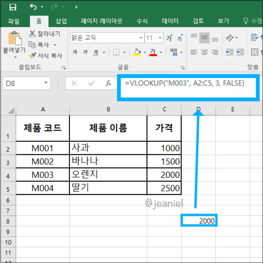 제품코드 M003을 이용하여 제품 가격을 찾음.