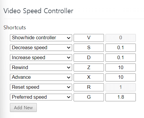 video speed controller 단축키 설정