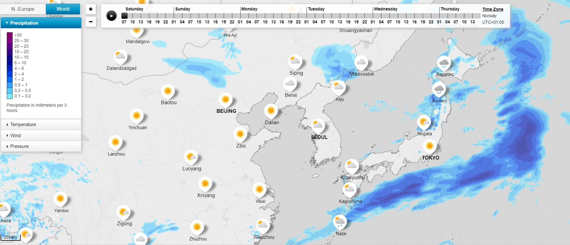  설날 연휴기간 산 날씨 노르웨이기상청(YR) 예보(2월6일 ~2월14일)