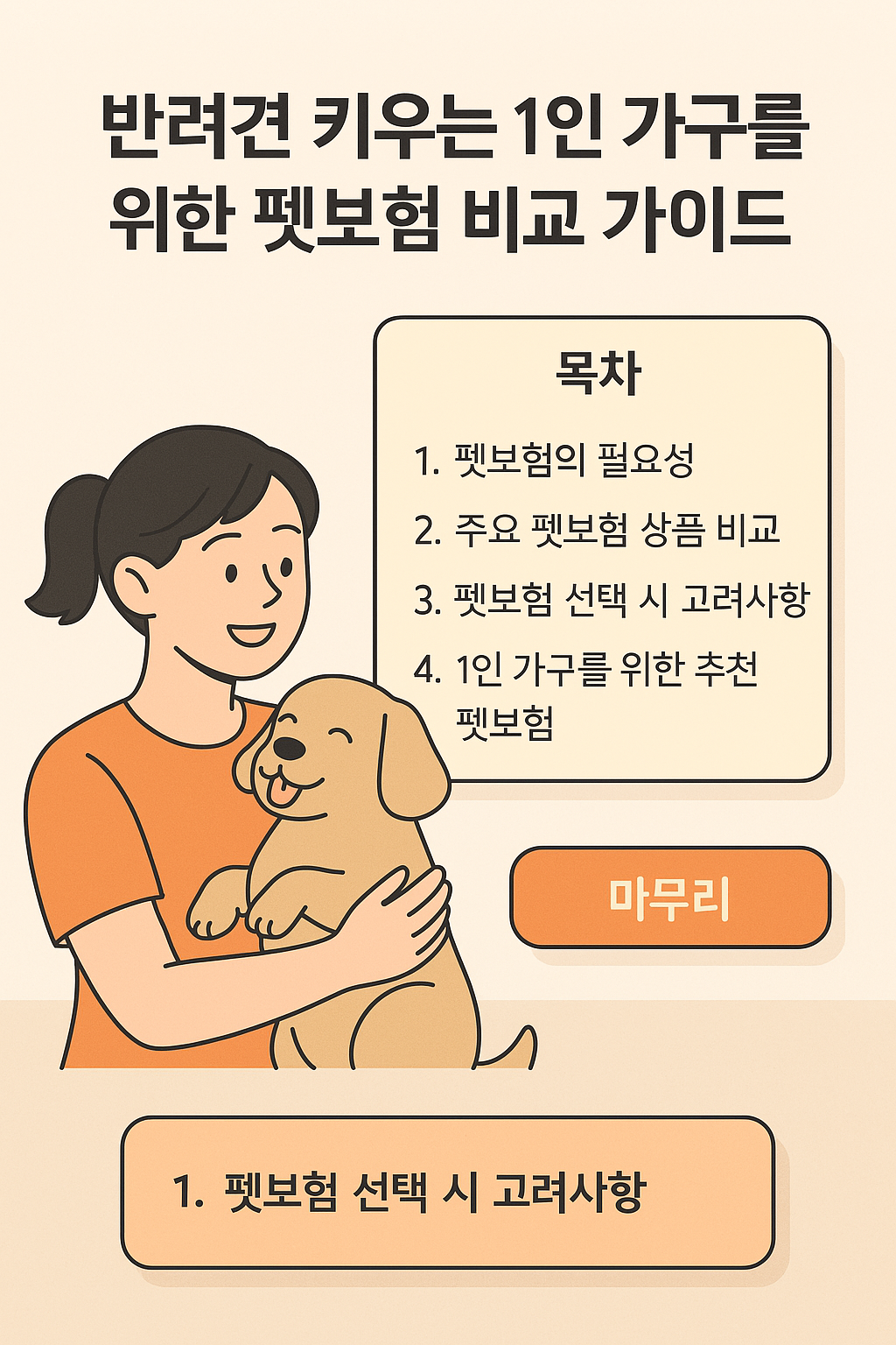 강아지를 안고 있는 1인 가구 여성이 펫보험 정보를 확인하는 일러스트. 상단에는 '반려견 키우는 1인 가구를 위한 펫보험 비교 가이드'라는 제목이 있고, 하단에는 목차가 정리되어 있음. 배경은 부드러운 베이지 톤이며 따뜻한 분위기.&quot;