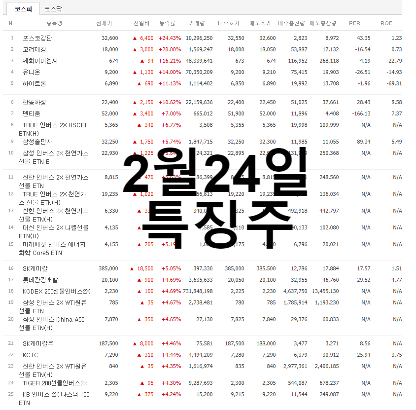  2월 24일 오늘의 테마주, 상한가, 시간외특징주, 오로스테크놀로지, 로지시스, 피플바이오