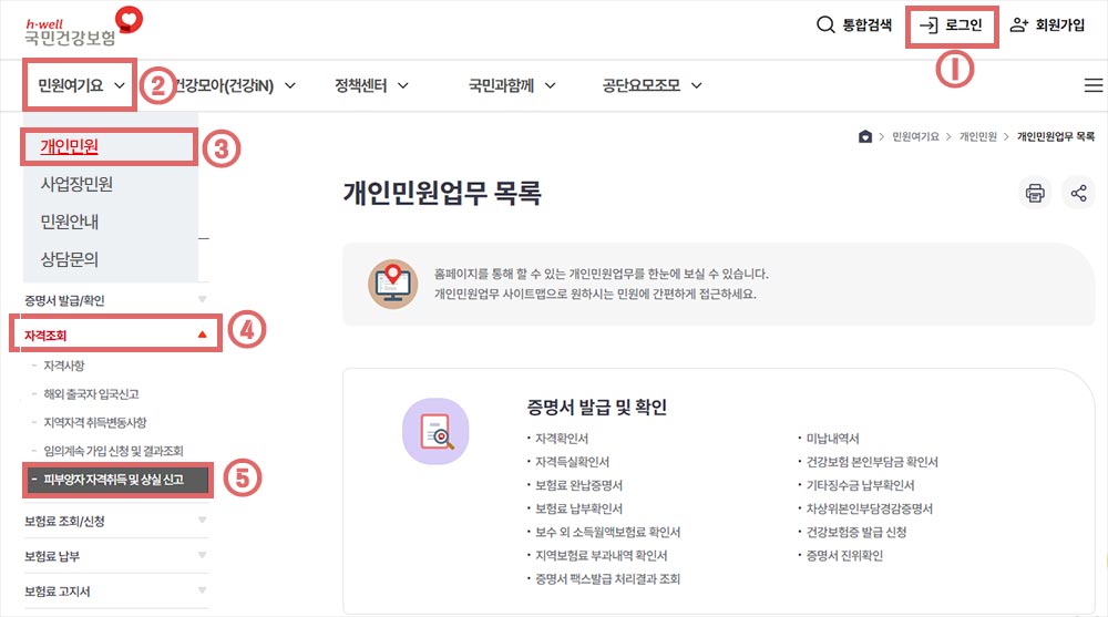 피부양자 등록 신청 이동 경로