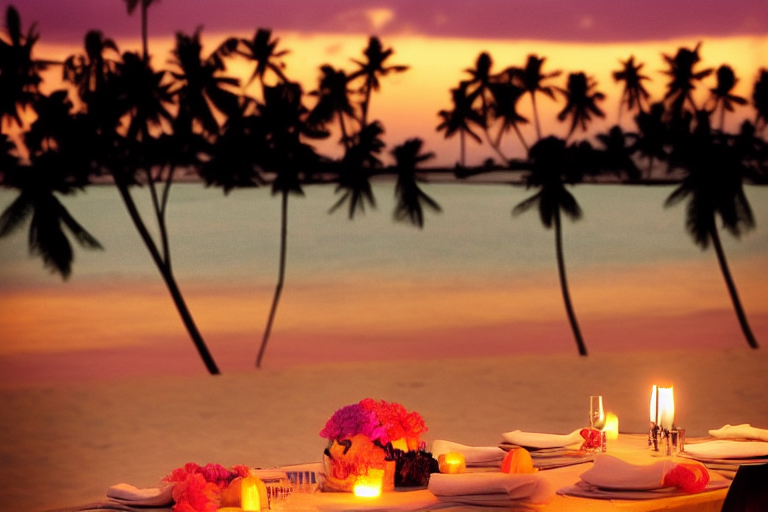 몰디브랑갈리섬-환상적인일몰-하늘엔오렌지와핑크컬러-촛불켜진테이블