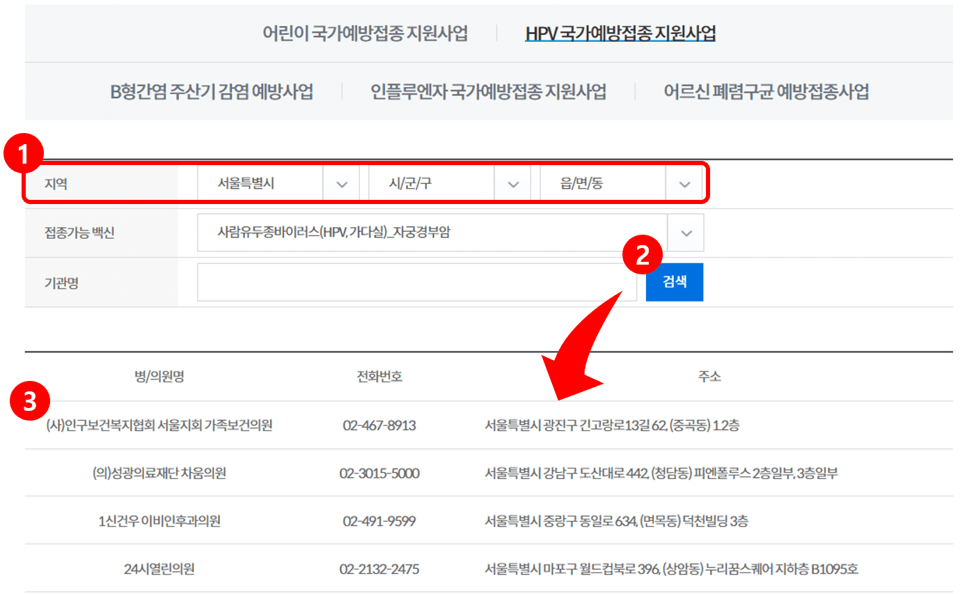 HPV 백신 지정 의료기관 조회 화면