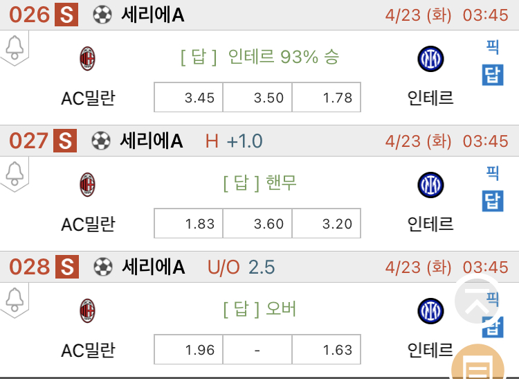 [진짜총판] 4월23일 AC밀란 VS 인터밀란 해외축구분석