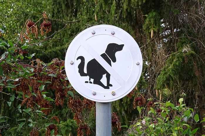 강아지가 용변 보는 내용의 일러스트 위에 금지 표지가 되어 있는 안내 표지판