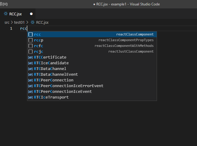 편집 화면에 rcc 입력 시 관련 목록 보여지는 캡처 화면