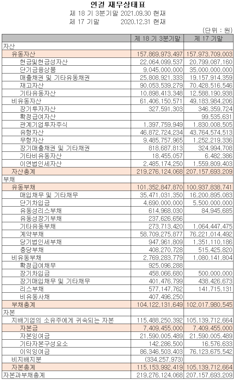 원익피앤이 2021년 3분기 재무상태표