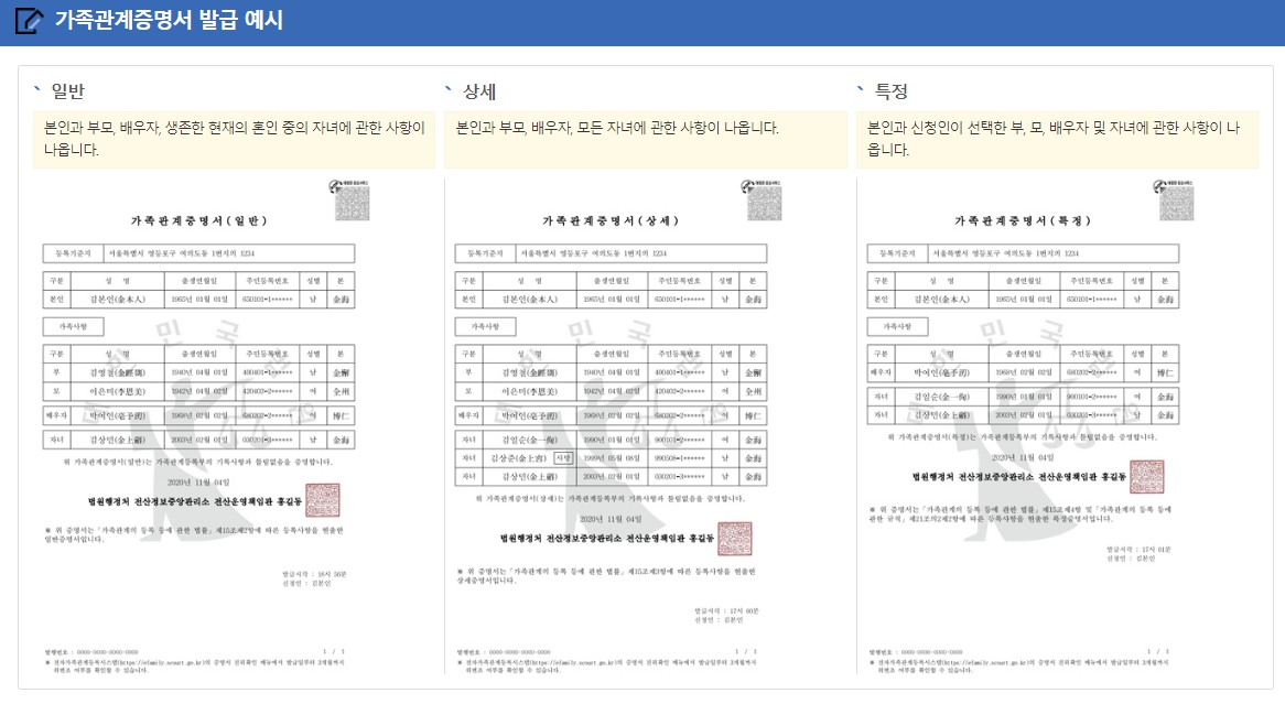 가족관계증명서 발급 예시(일반&#44; 상세&#44; 특정)