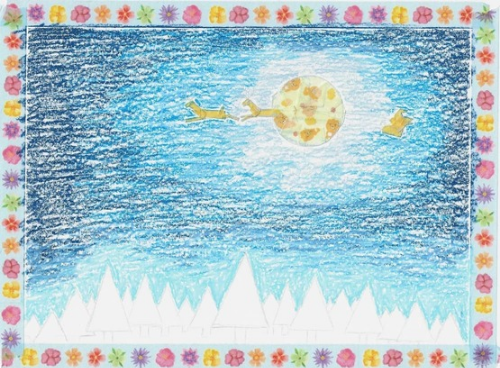 사슴과 보름달과 산타를 마스킹 테이프로 붙이고 배경을 어두운 파란색으로 칠한 그림