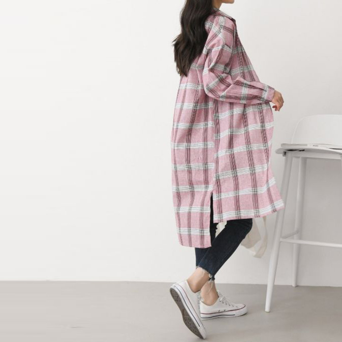  언밸런스 사이드 슬릿 체크 루즈핏 남방 롱셔츠