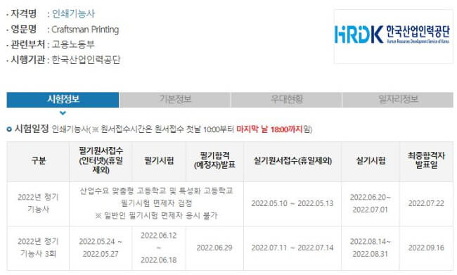 2022년 인쇄기능사 시험일정