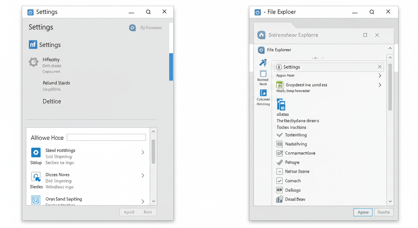 (Image Prompt: Split screen. Left: The redesigned Windows 11 Settings app showing the left sidebar navigation and a clean settings page. Right: The redesigned Windows 11 File Explorer showing the new command bar icons and the simplified right-click context menu. Style: Comparative screenshot.)