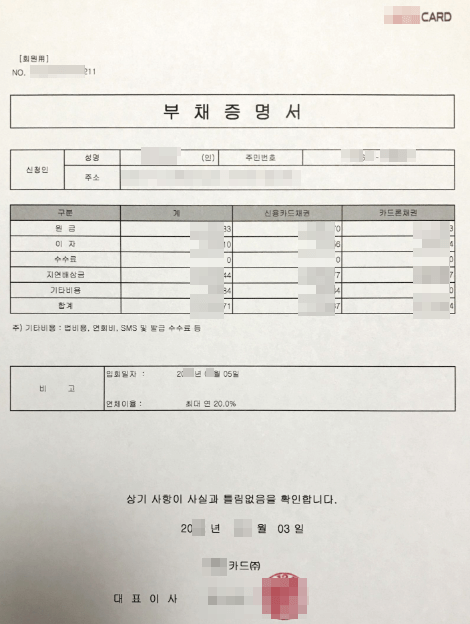 카드사 부채증명서