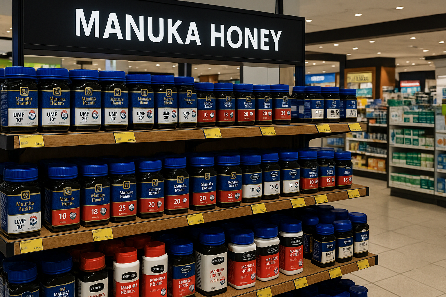 시드니 공항 면세점 Manuka Health, Comvita 제품 진열된 면세 코너 + UMF 표시가 보이는 병/튜브형 패키지
