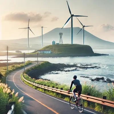 제주도의 해안 도로를 따라 자전거를 타는 장면&amp;#44; 배경에는 풍차와 푸른 하늘이 보입니다