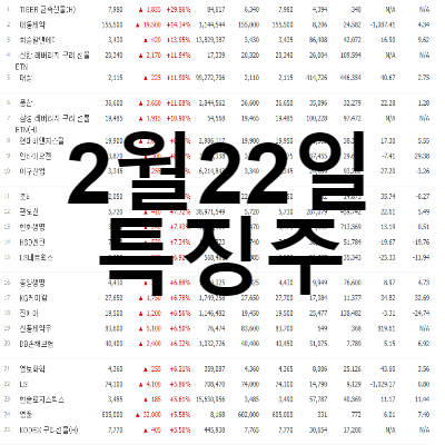  2월22일 오늘의 상한가, 테마주, 시간외특징주