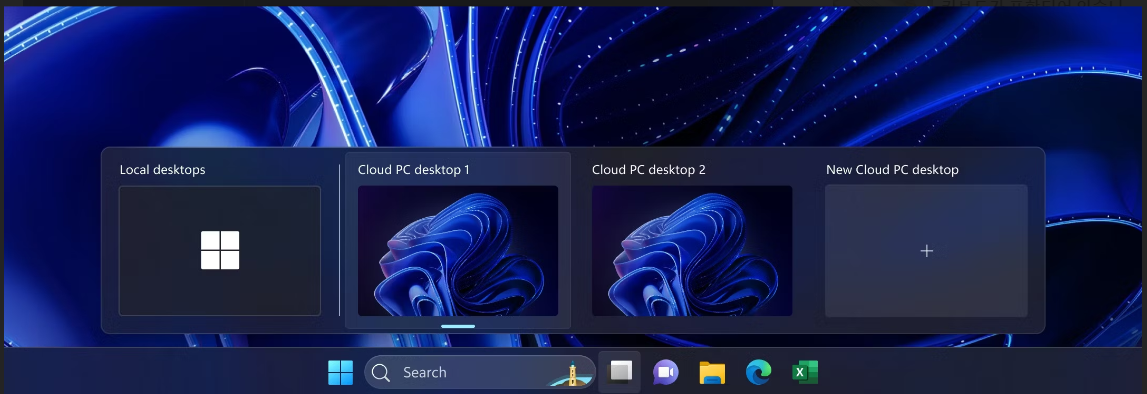가상데스크탑 PC&#44; 클라우드 PC의 데스크톱이 가상 데스크톱 옆에 표시되므로 보다 원활한 인터페이스