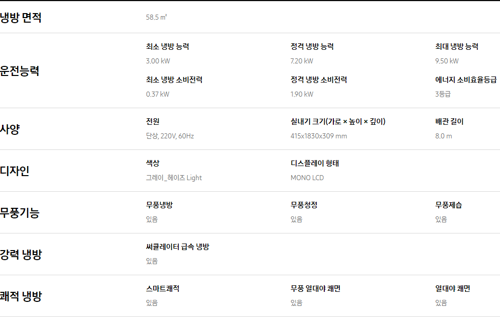 무풍 에어컨 스펙
