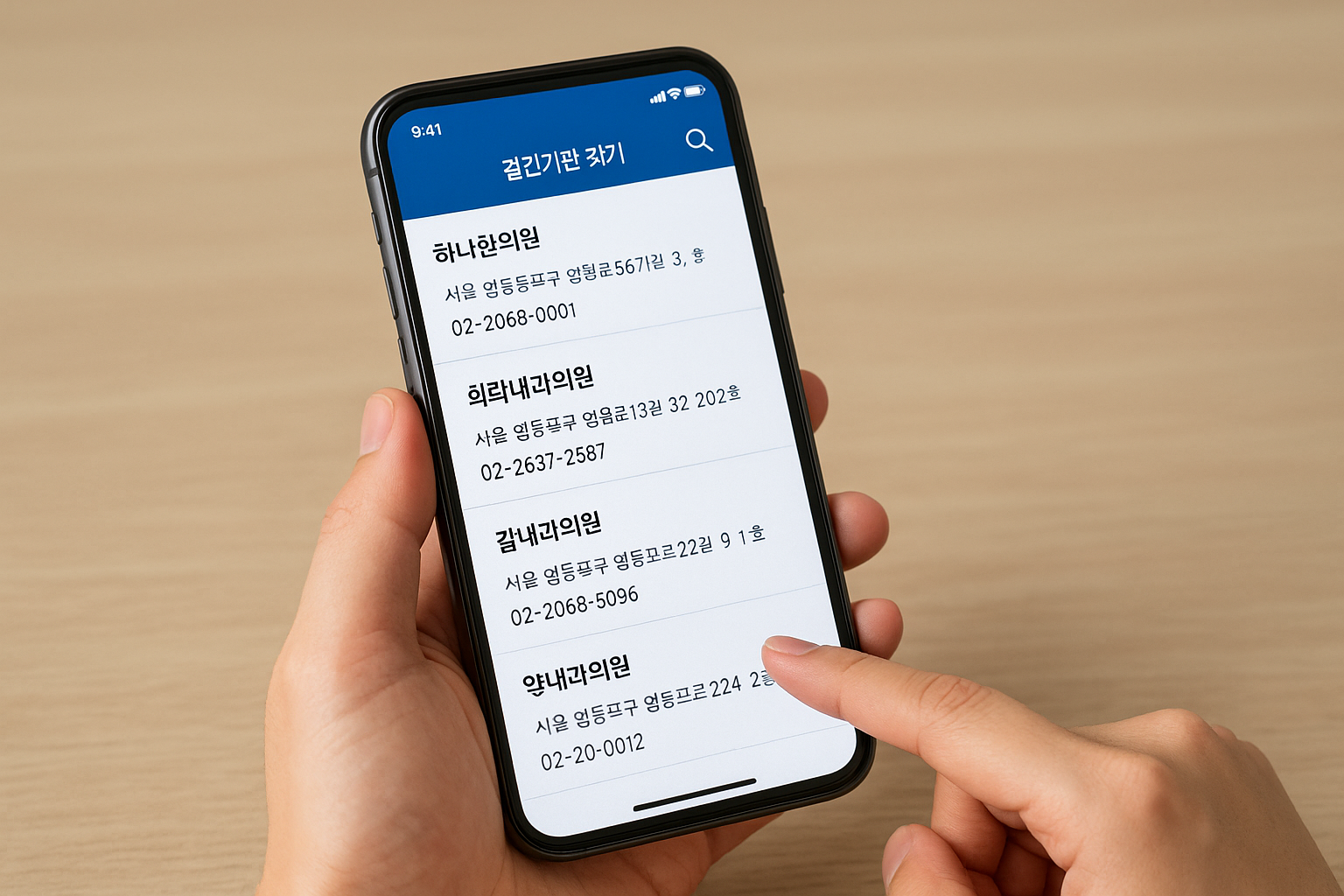 검진기관 찾기 결과를 스마트폰으로 보는 사용자