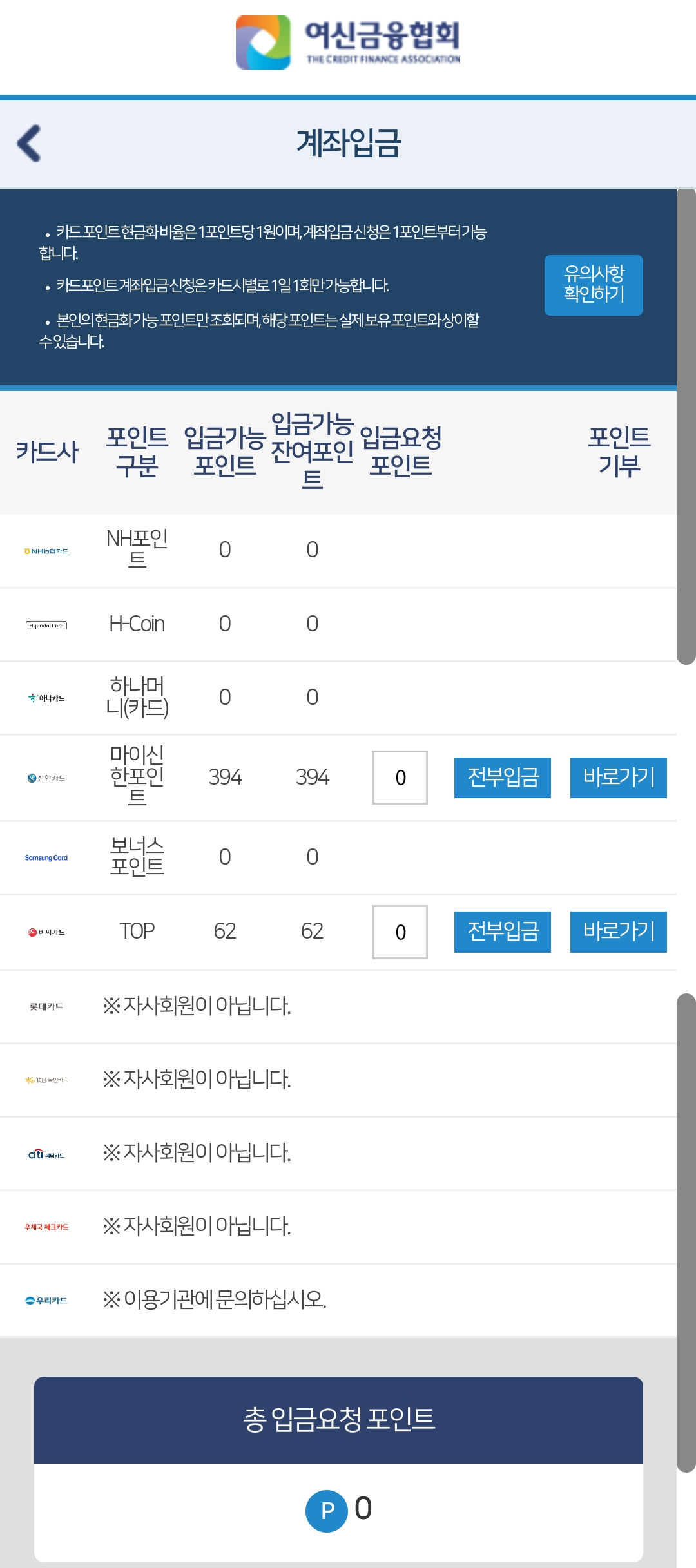 여신금융협회 카드사 포인트 조회 화면