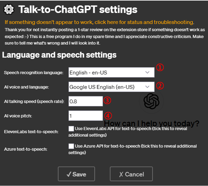 talk to chatGPT 언어 말하기 세팅