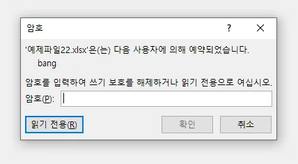 엑셀에서 쓰기 암호가 걸려 있는 모습