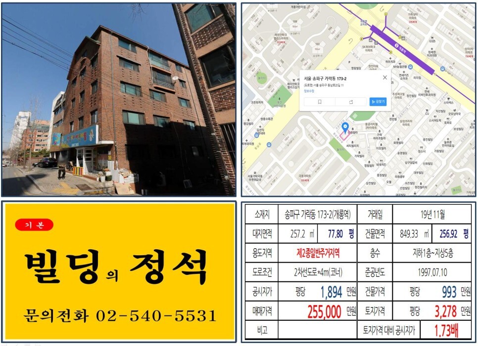  [송파구 가락동 역세권 20억 꼬마빌딩 실거래가 조회] 가락동 173-2 (개롱역) 25.5억 원, 평당 3,278만 원 매매되었습니다. 성동교