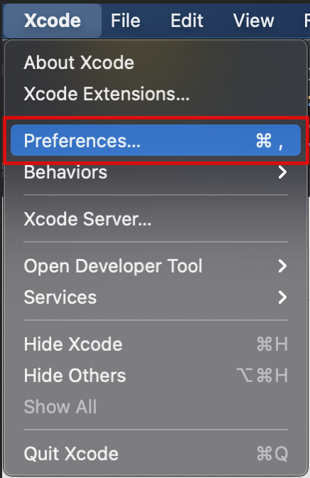 Xcode 실행 → 메뉴 Xcode 클릭 → Preferences... 클릭