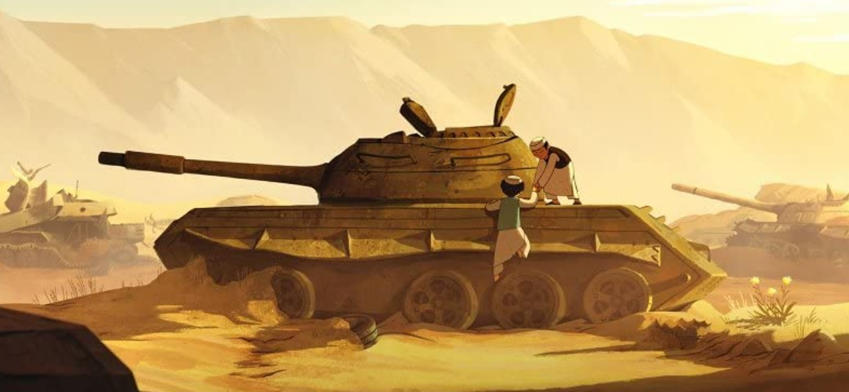 <파르바나: 아프가니스탄의 눈물>  여장을 한 두 소녀가 지뢰를 피하기 위해 탱크에 앉으려고 합니다.