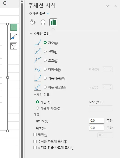 엑셀 추세선 서식 화면