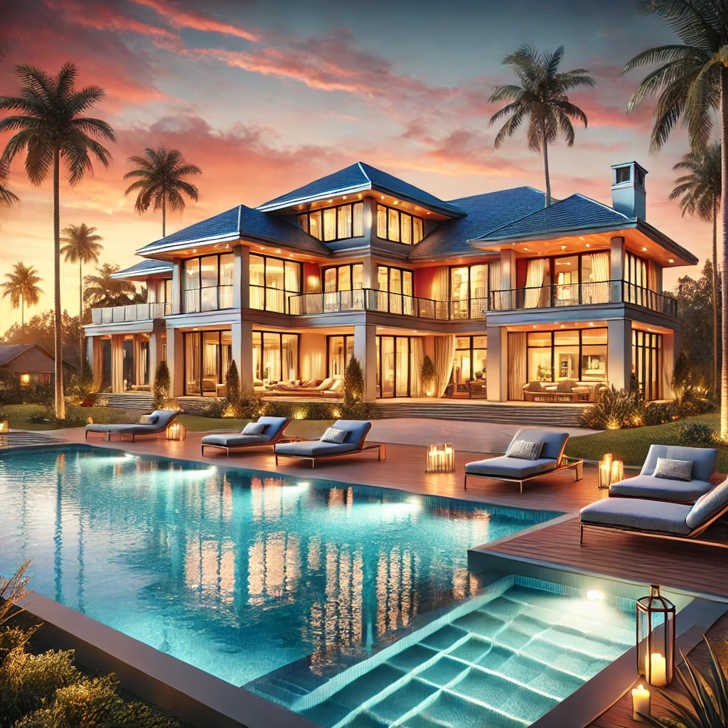 luxury mansion with pool and palm trees