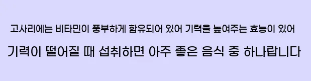  고사리에는 비타민이 풍부하게 함유되어 있어 기력을 높여주는 효능이 있어 기력이 떨어질 때 섭취하면 아주 좋은 음식 중 하나랍니다