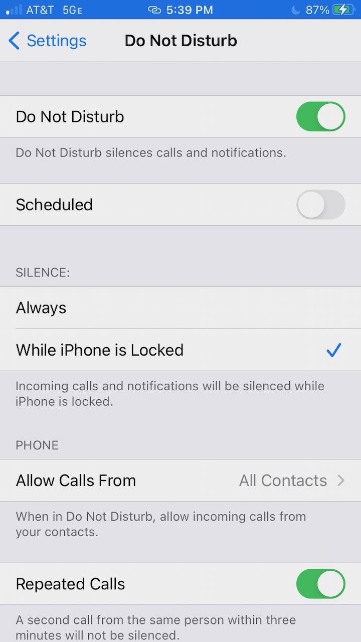screenshot of iPhone Settings&#44; showing options for Do-not-disturb functionality