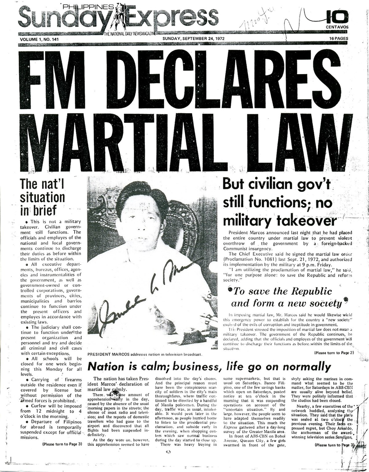 계엄령 선포 필리핀 마르코스 대통령