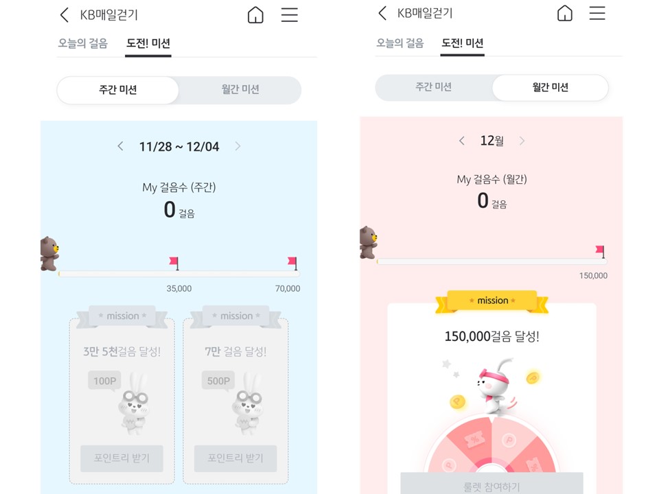 KB스타뱅킹 KB매일걷기 주간 미션, 월간 미션