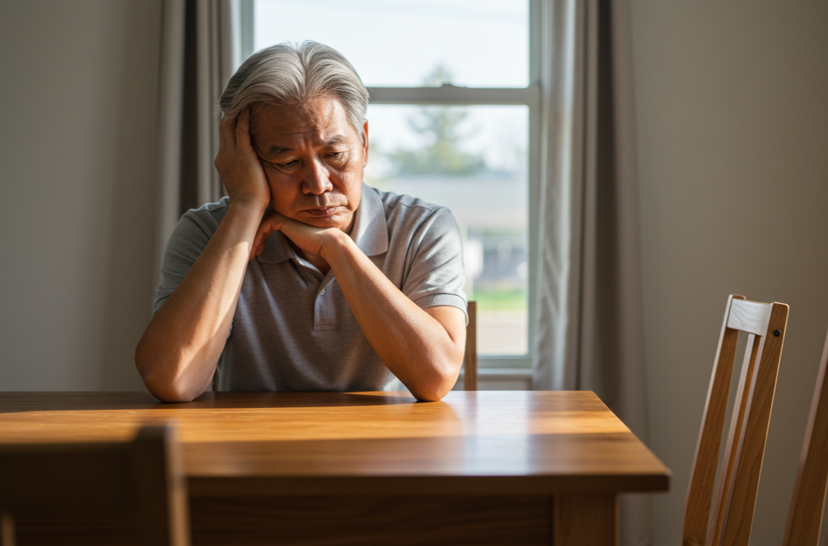 한숨 쉬는 노인, 식탁에 앉아 조용히 있는 모습
