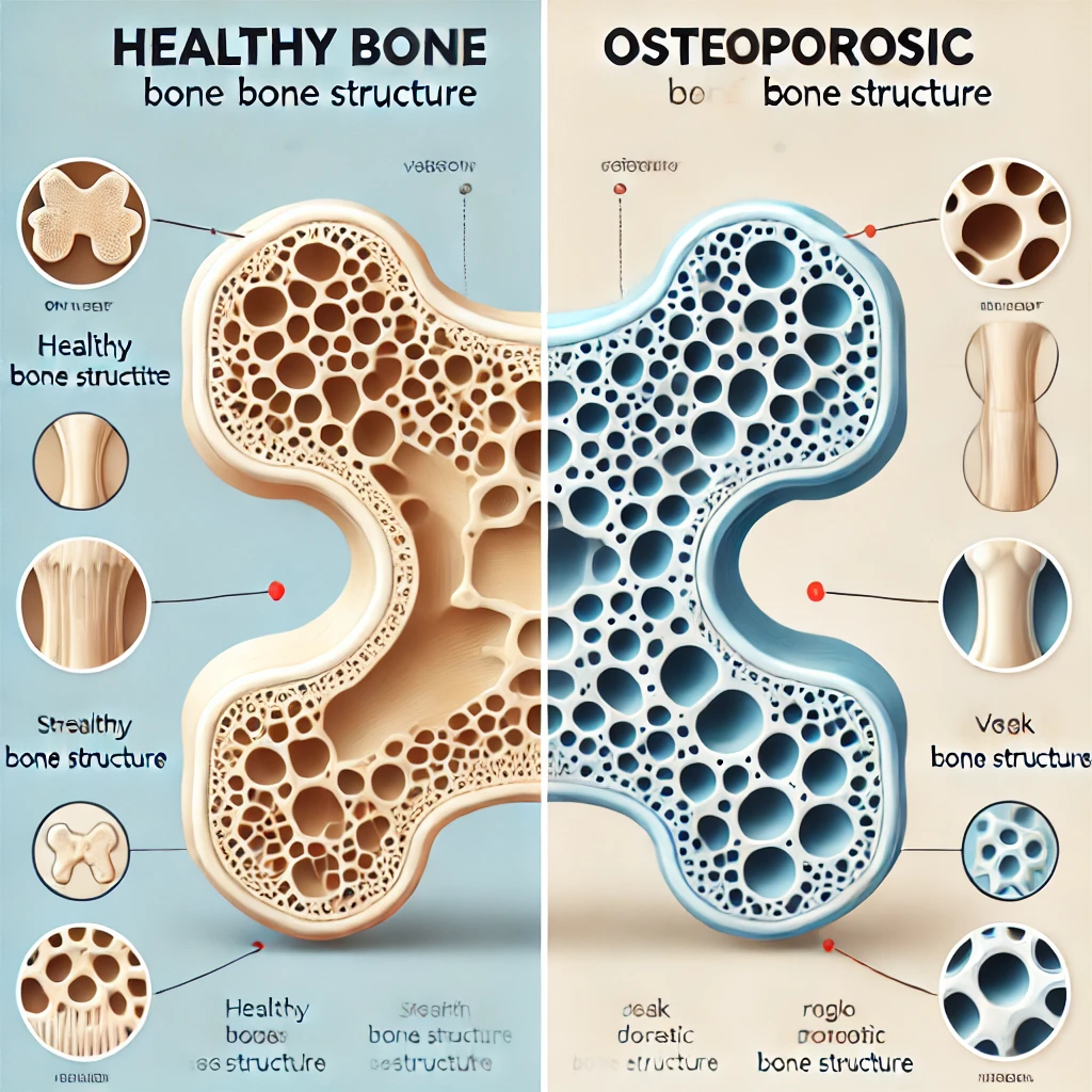 osteoporosis vs healthy bone – 골다공증 전후 뼈 밀도 비교 시각 자료