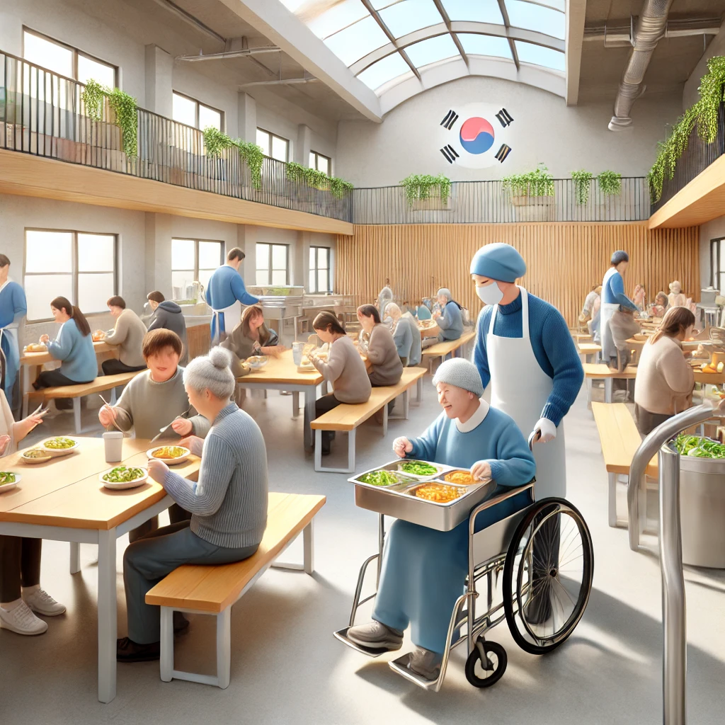 &quot;밝고 따뜻한 분위기의 한국 장애인복지관 식당에서 자원봉사자들이 장애인을 위해 무료 식사를 제공하는 모습. 휠체어 이용자를 위한 경사로와 넓은 출입구 등 장애인을 배려한 시설이 갖춰져 있으며, 모두가 함께 식사하며 어울리는 장면이 담겨 있다.&quot;